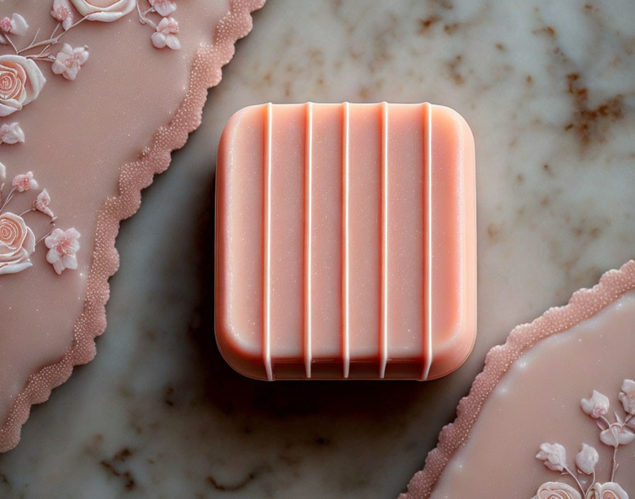 Pink rectangular soap bar on marble with floral-patterned decor