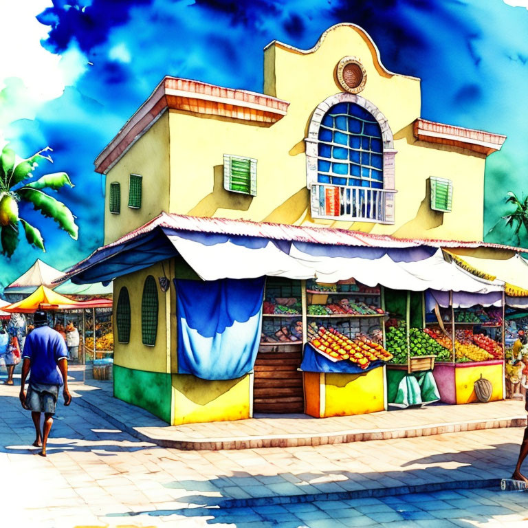 Vibrant street market scene with fruit stalls under a blue sky