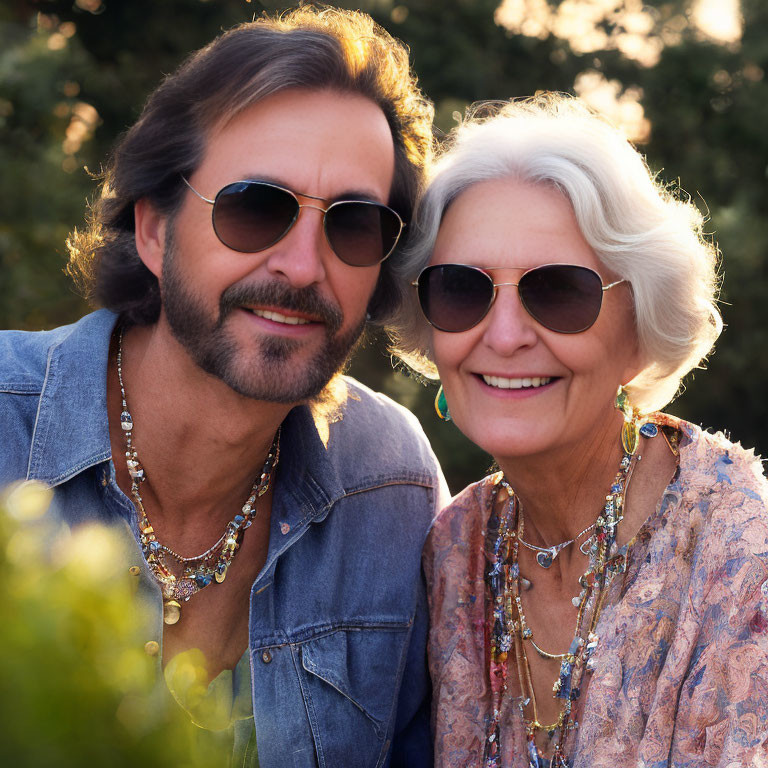 Bearded man and senior woman in sunglasses smiling outdoors at sunset