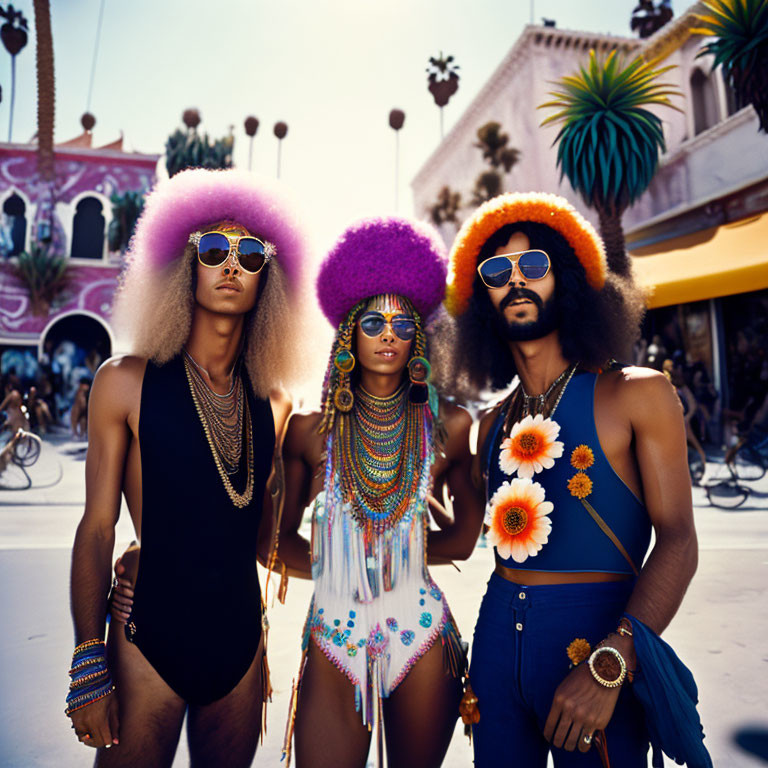 Three People in Retro Outfits with Afros and Sunglasses in Tropical Setting