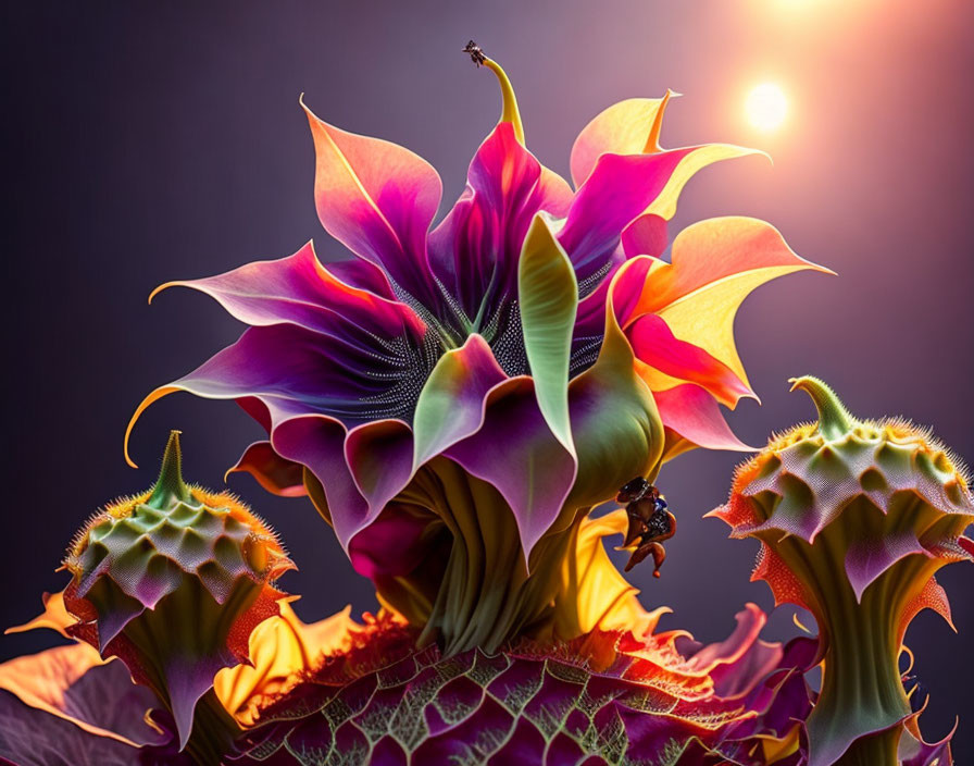 Colorful digital artwork: Sunflower with exaggerated petals and tiny creatures