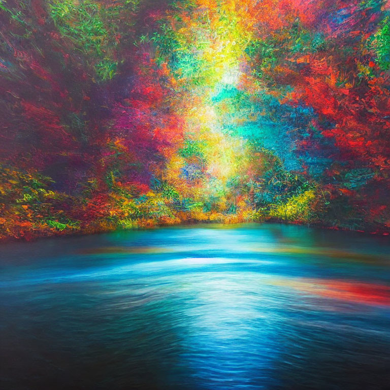 Colorful Forest Scene with Radiant Light on Water