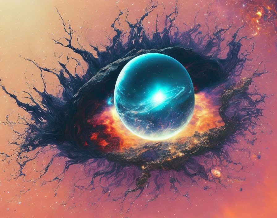 Blue Glowing Sphere Surrounded by Fiery Nebula Tendrils