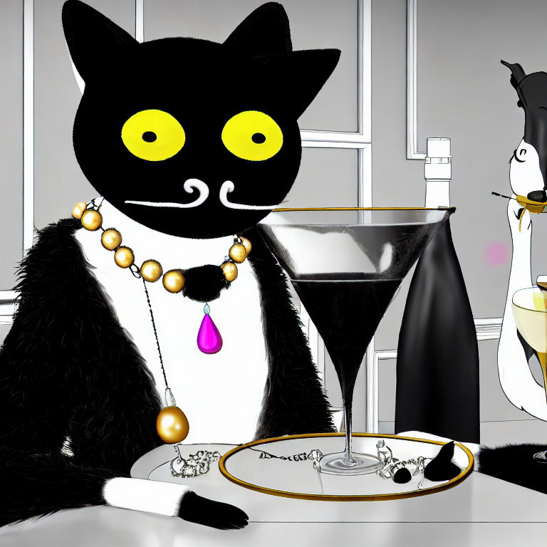 Black Cat with Yellow Eyes and Pearls at Table with Penguin Waiter