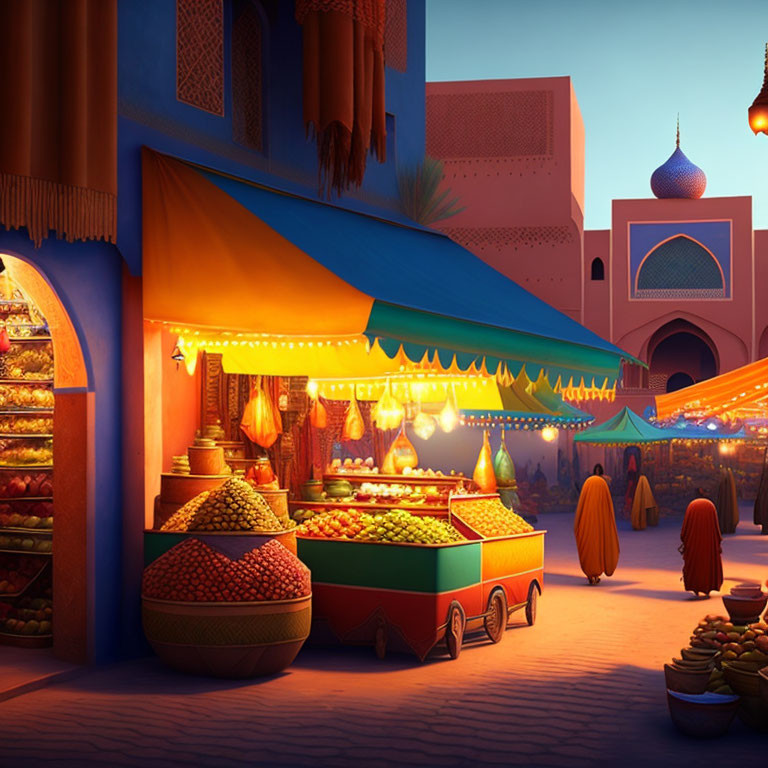 Vibrant market scene at dusk with fruit and spice stalls under blue sky