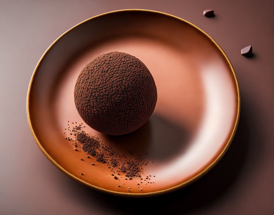 Chocolate Sphere on Plate with Cocoa Powder and Chocolate Pieces