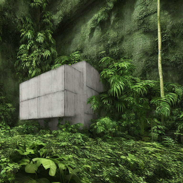 Concrete structure in lush overgrown jungle with dense foliage.