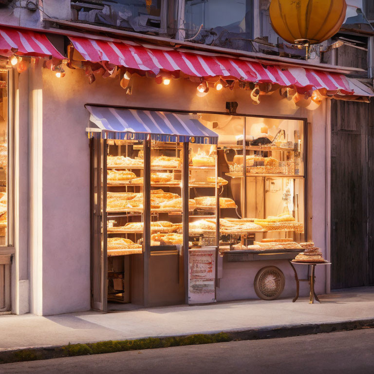 Warmly-lit bakery with red-striped awning and array of bread and pastries on wooden shelves