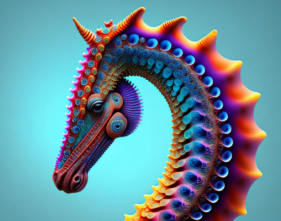 Colorful seahorse digital art with intricate patterns and textures