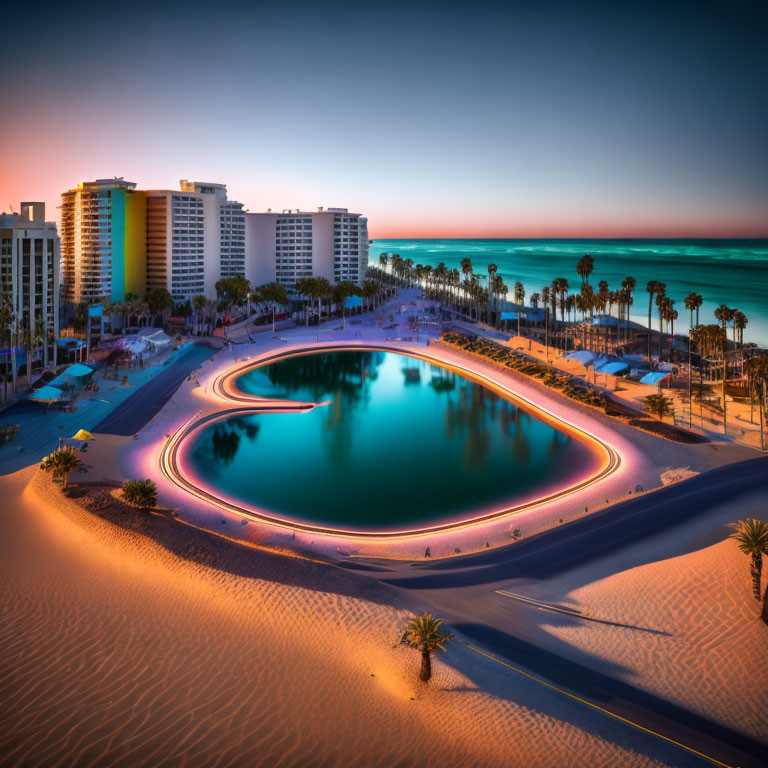 Coastal Resort Sunset with Lagoon and Palm Trees