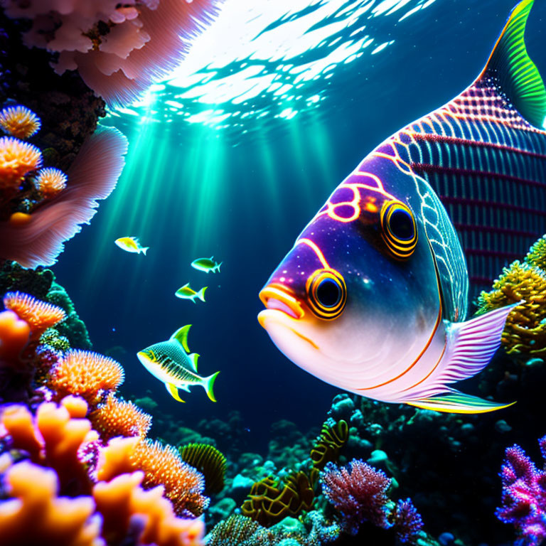 Colorful Tropical Fish and Coral Reefs in Sunlit Ocean