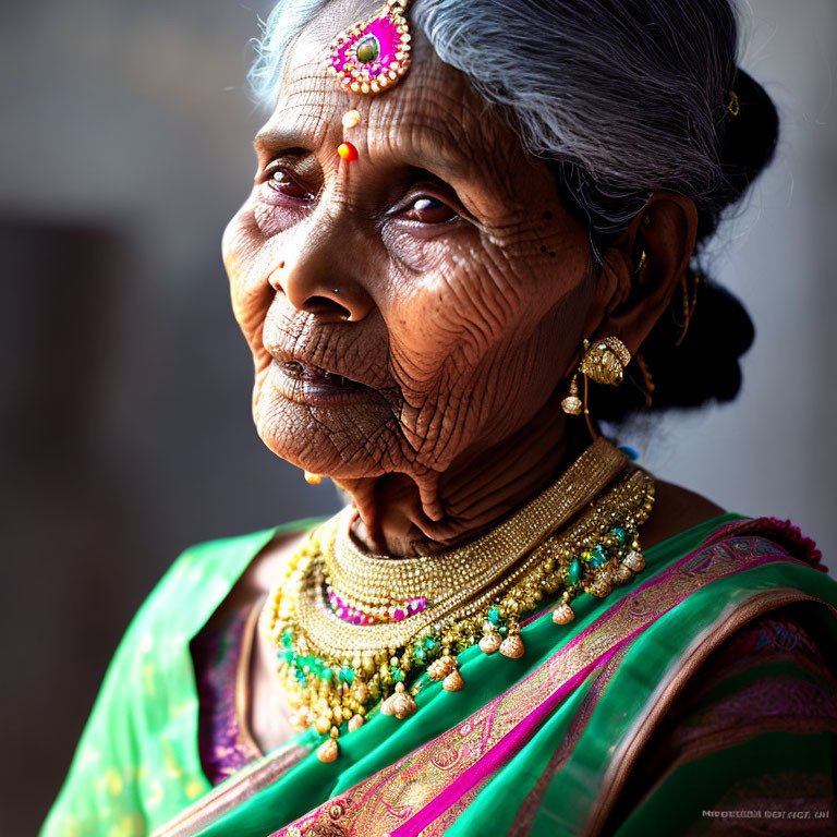 Elderly woman in colorful saree with traditional jewelry gazes pensively.