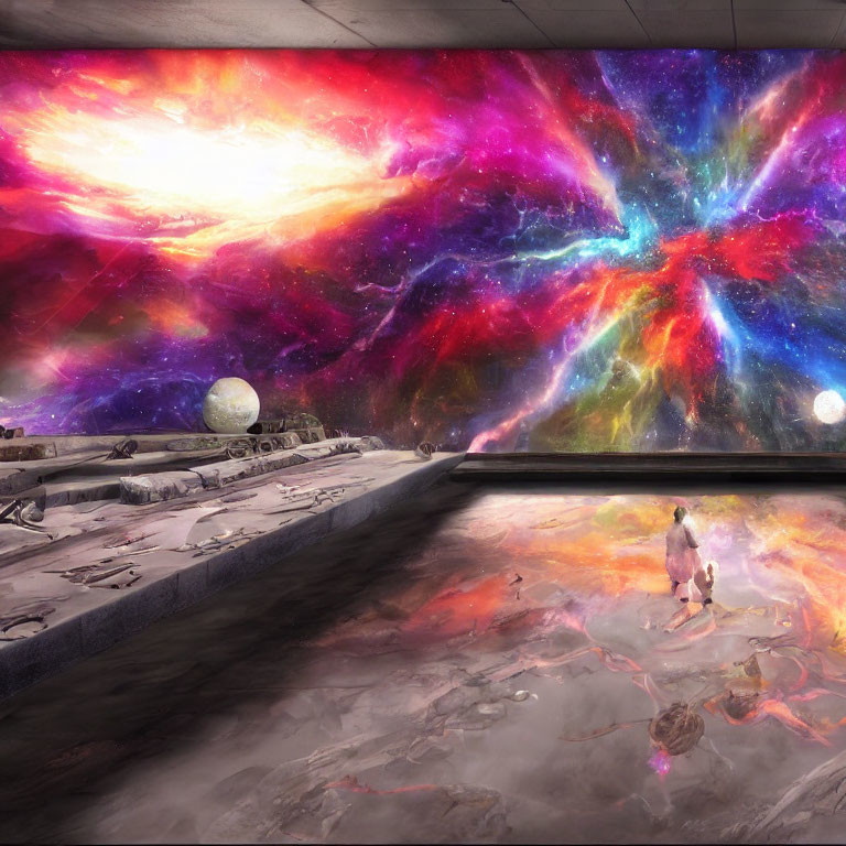 Vibrant digital artwork of two individuals on futuristic platform viewing cosmic scene