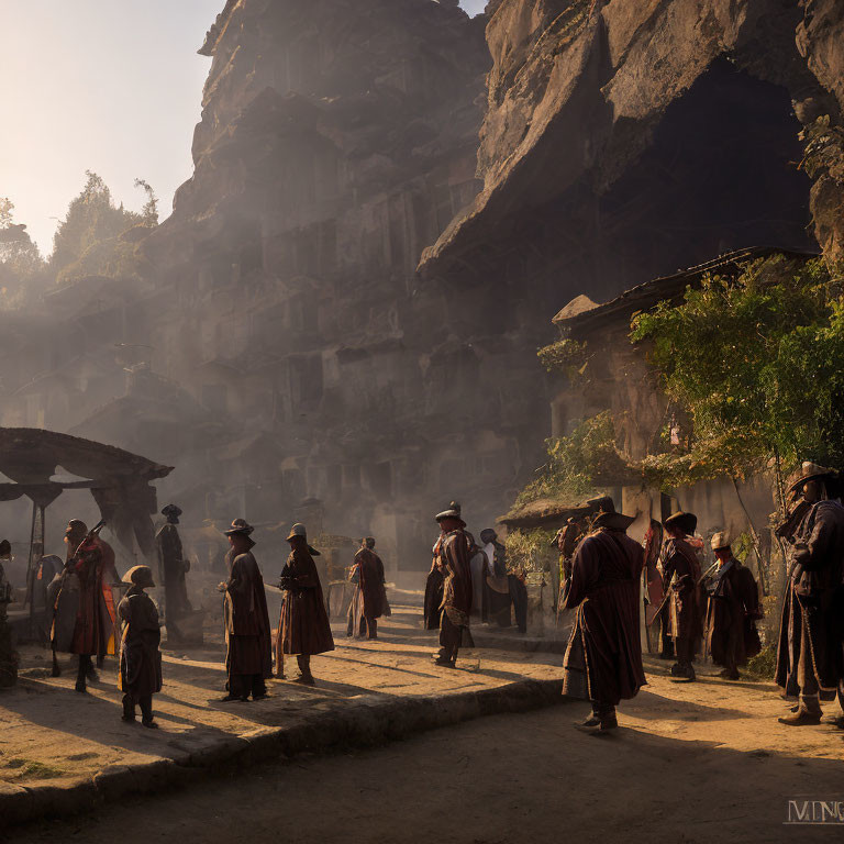 Traditional Attire People at Ancient Rock Structures in Morning Mist