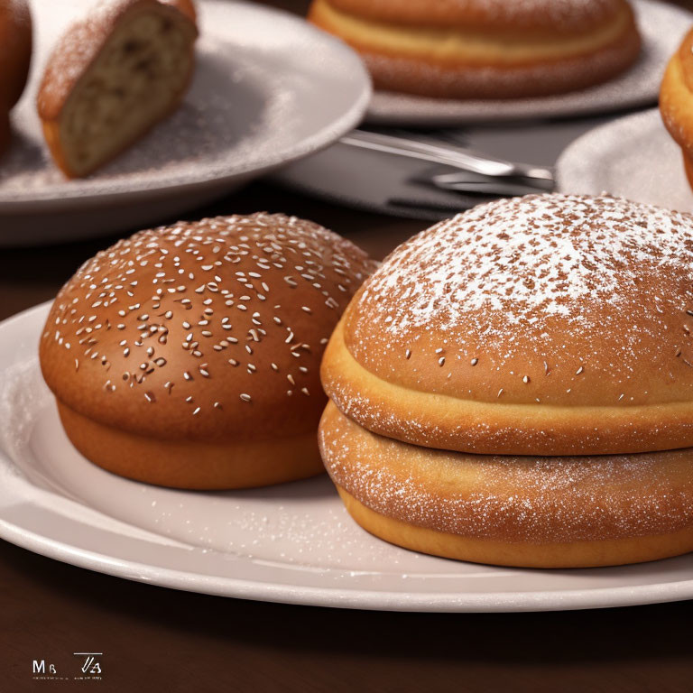 Sesame Seed and Powdered Sugar Bread Rolls on White Plates