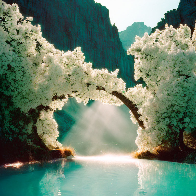 Serene waterbody with arched tree in bloom and rocky cliffs