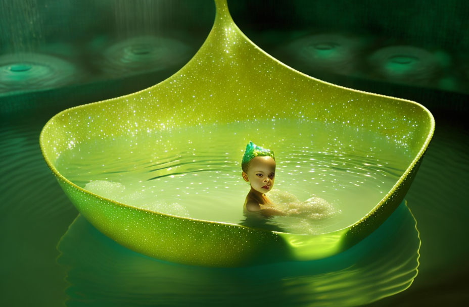 Baby in Sparkling Green Leaf Boat Floating on Tranquil Water