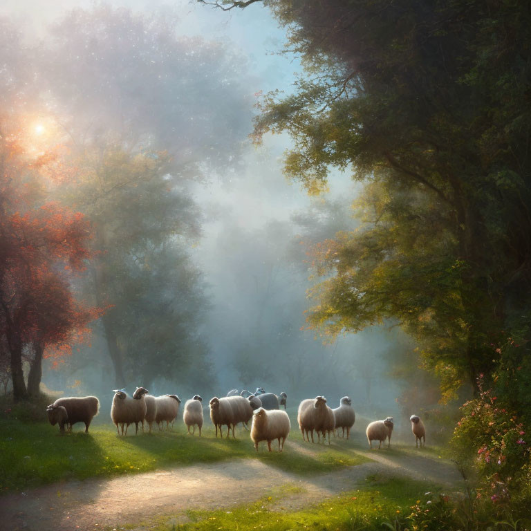 Herd of Sheep in Misty Forest Glade with Autumn Leaves