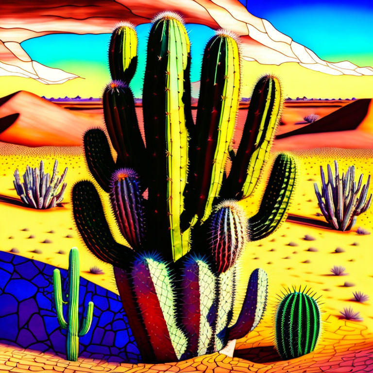 Colorful desert scene with tall multi-armed cactus against blue sky