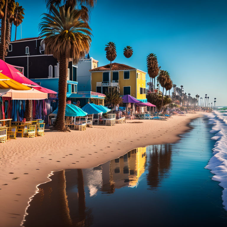 Vibrant beachside scene with colorful buildings, umbrellas, and palm trees on wet sand.