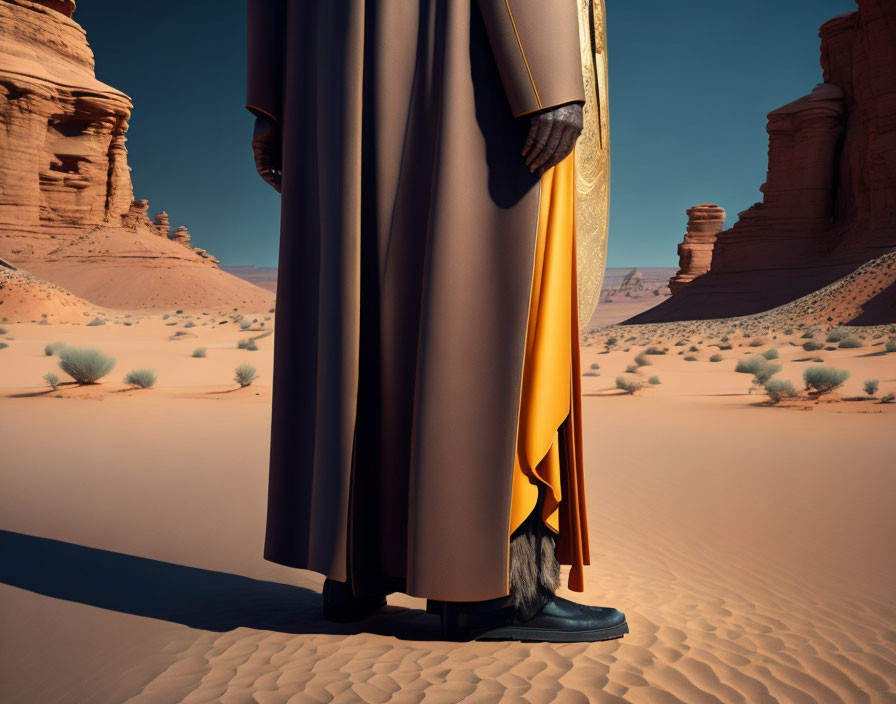 Person in flowing robe with fur-lined boots in desert landscape with red sandstone formations