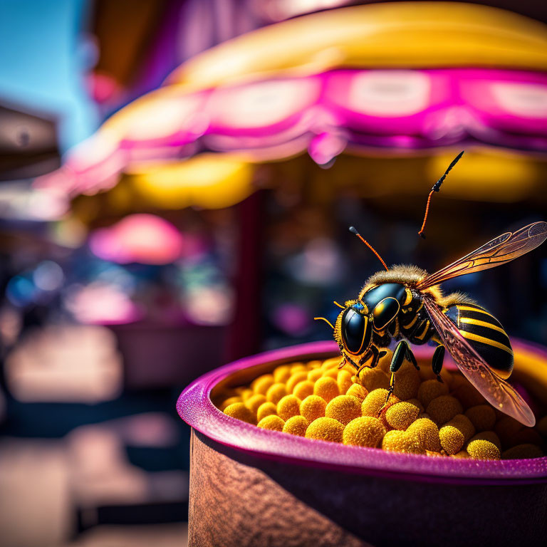 Close-up of wasp on yellow spheres with fairground stalls in background