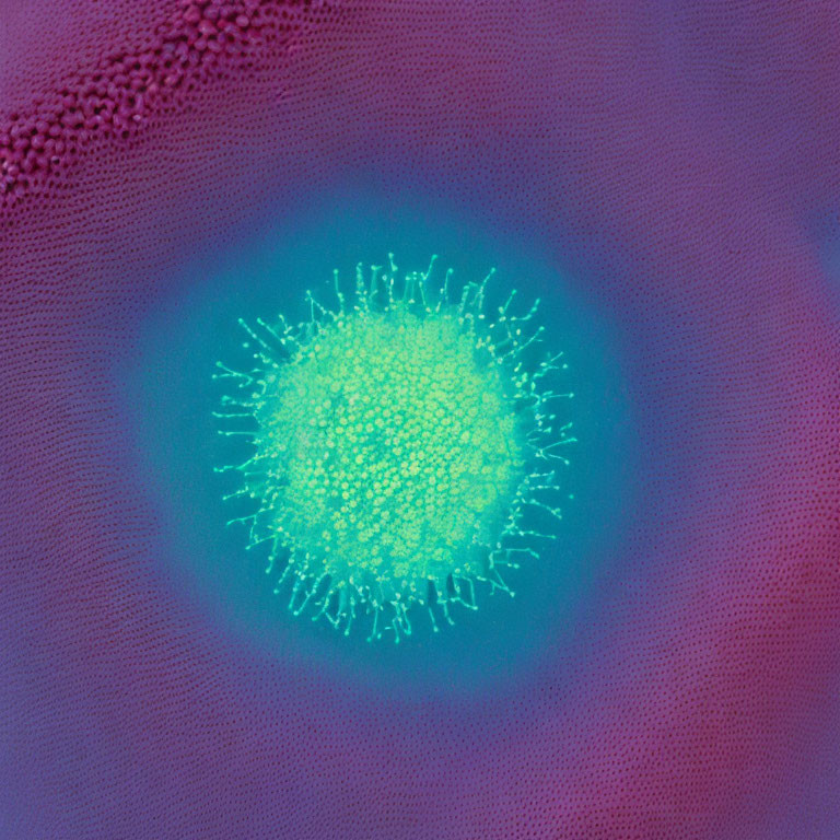 Microscopic View: Virus-like Particle with Green Spike Proteins