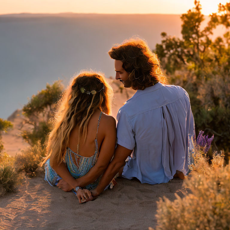 Couple sitting on sandy overlook at sunset