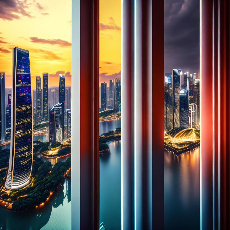 Split-view cityscape at sunset with warm and cool tones, skyscrapers, and water reflections.