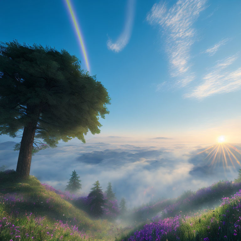 Tranquil sunrise landscape with rainbow, solitary tree, misty hills, and wildflowers.