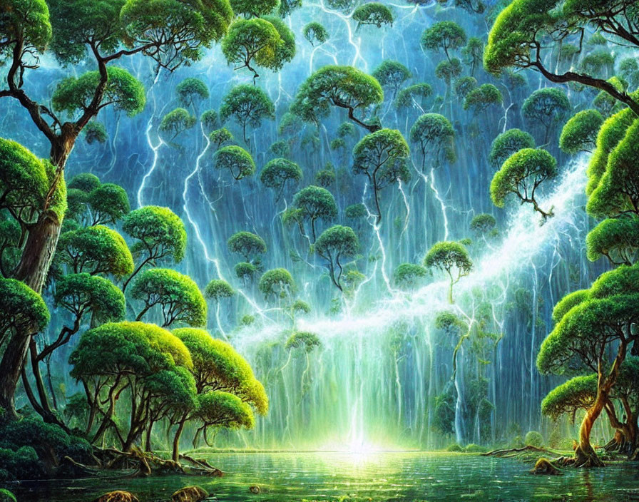 Vibrant green trees in mystical forest with lightning bolts