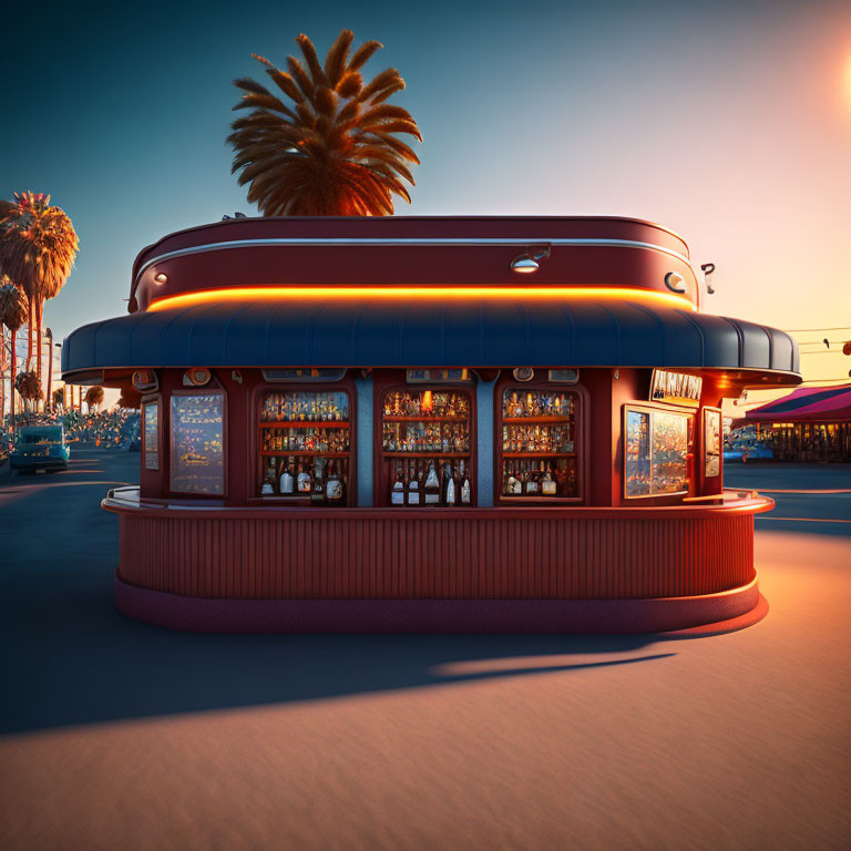 Retro-styled diner with neon lights and palm trees at sunset