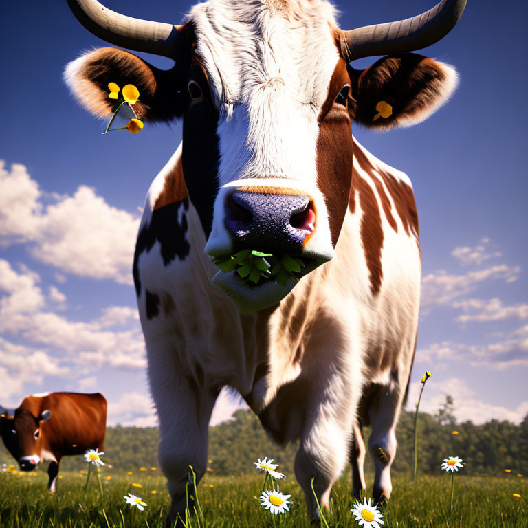 Close-Up of Cow with Daisy in Mouth in Sunny Field