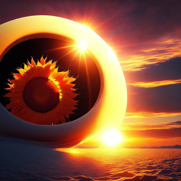 Colossal Eye-Shaped Structure with Sunflower Pupil in Surreal Desert Sunrise