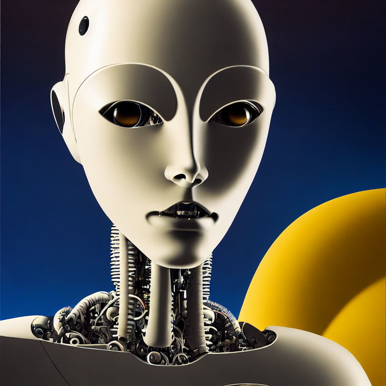 Hyper-realistic robot with human-like face and intricate neck mechanisms on blue background with yellow circle.