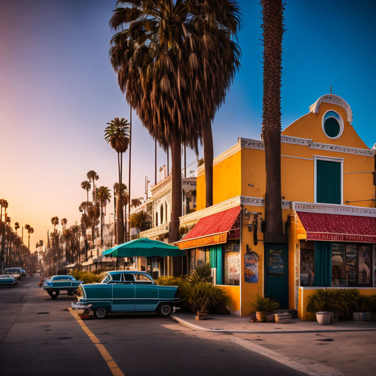 Classic Vintage Car Parked on Sunset Street with Palm Trees