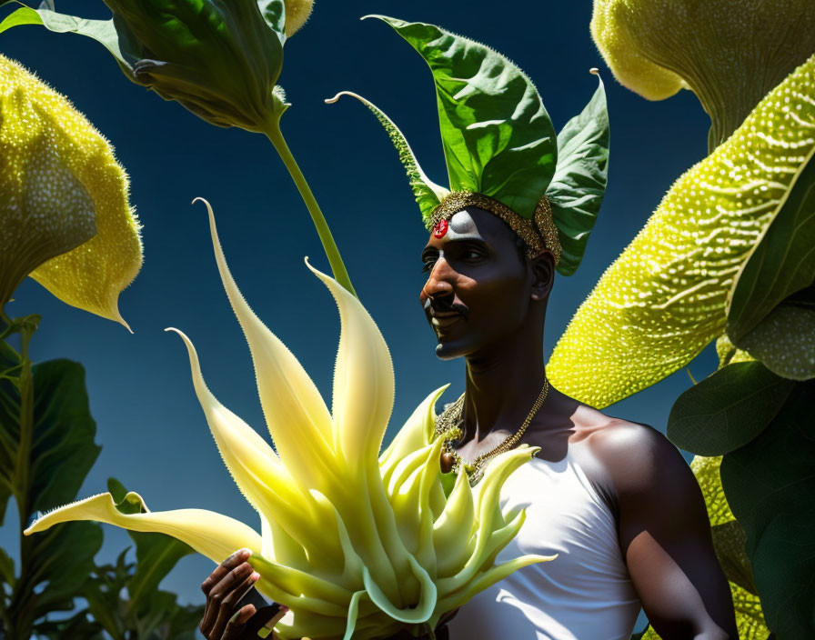 Person wearing leaf-like headgear holding yellow bloom against blue sky in white attire