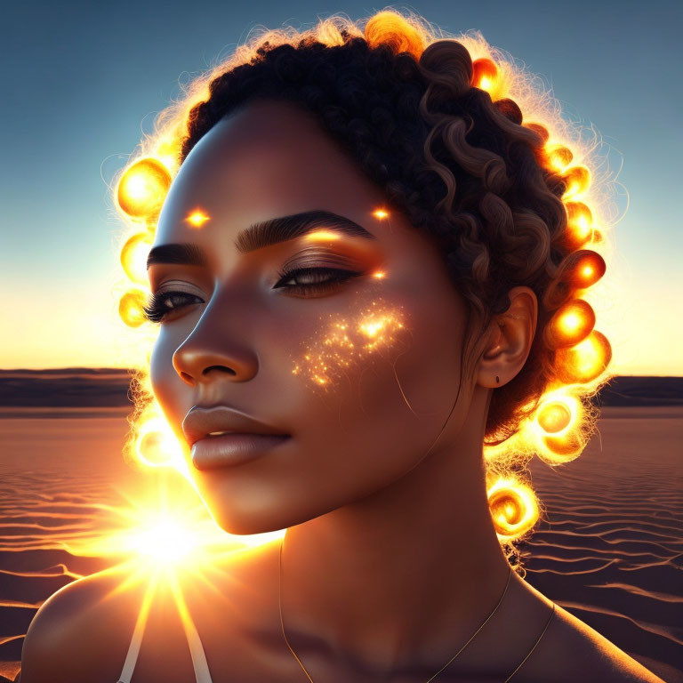 Digital artwork: Woman with glowing orbs in desert sunset.