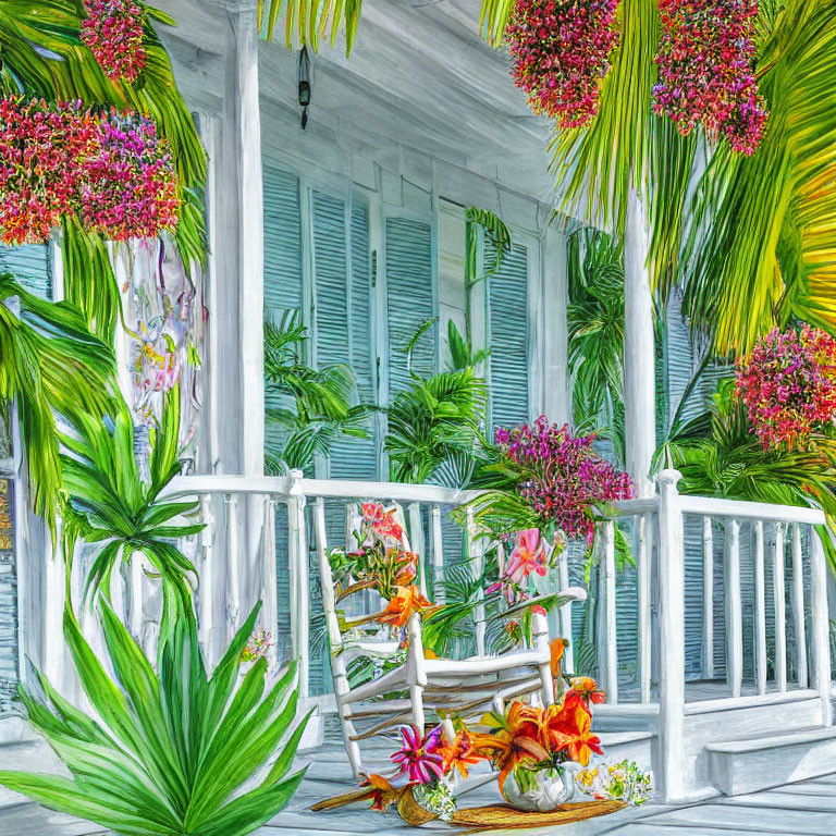 Colorful Tropical Porch Painting with White Railings and Rocking Chair