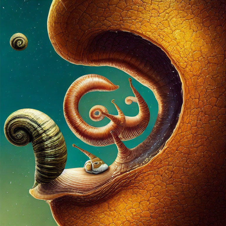 Whimsical snail illustration with elaborate spiral shell on green backdrop