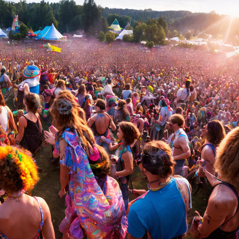 Colorful Attire and Lively Crowd at Outdoor Festival