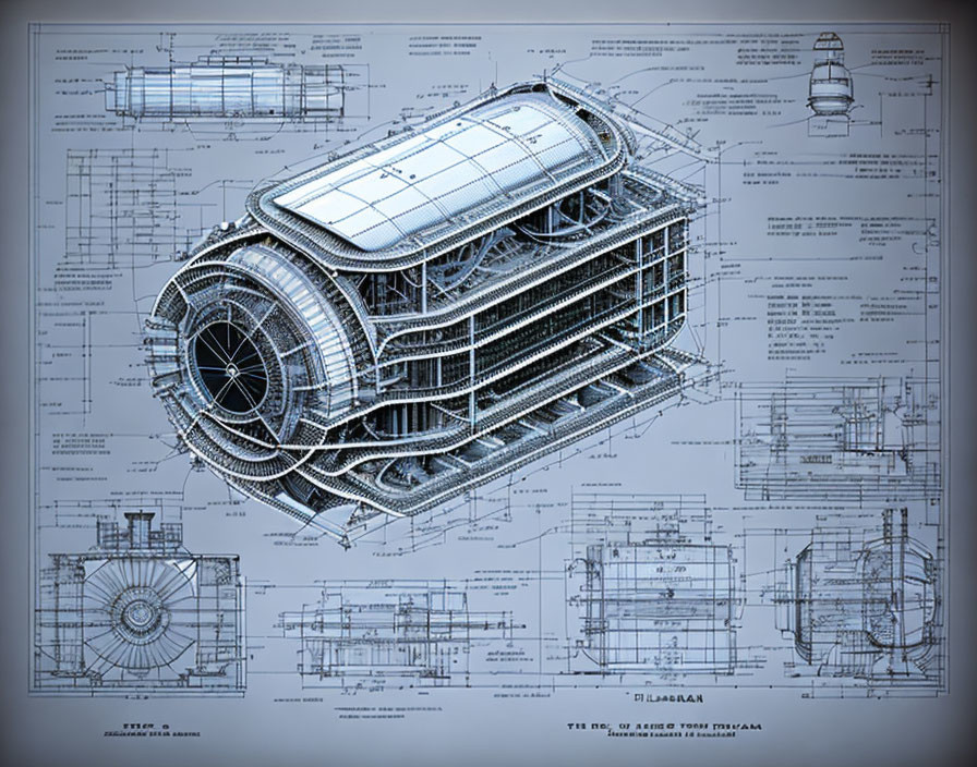 Vintage Engine Turbine Schematic Blueprint with Cross-Section & Multiple Views