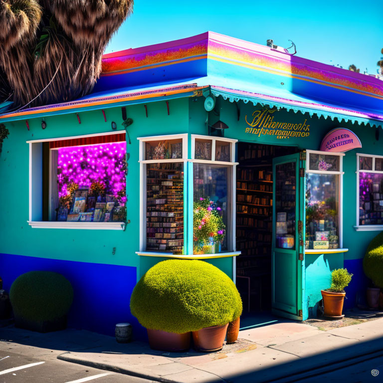 Colorful Bookstore with Blue Walls and Rainbow Awning