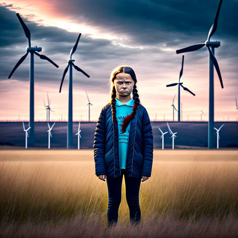 Young girl with braided hair frowns in field with wind turbines and dramatic sky