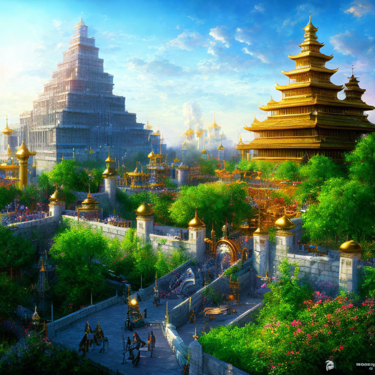 Fantastical cityscape with golden pagodas and lush greenery