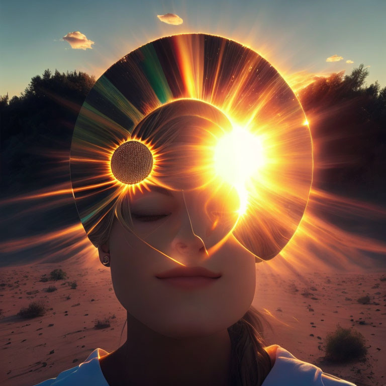 Person with sun disc halo in desert at sunset: Serene and mystical landscape