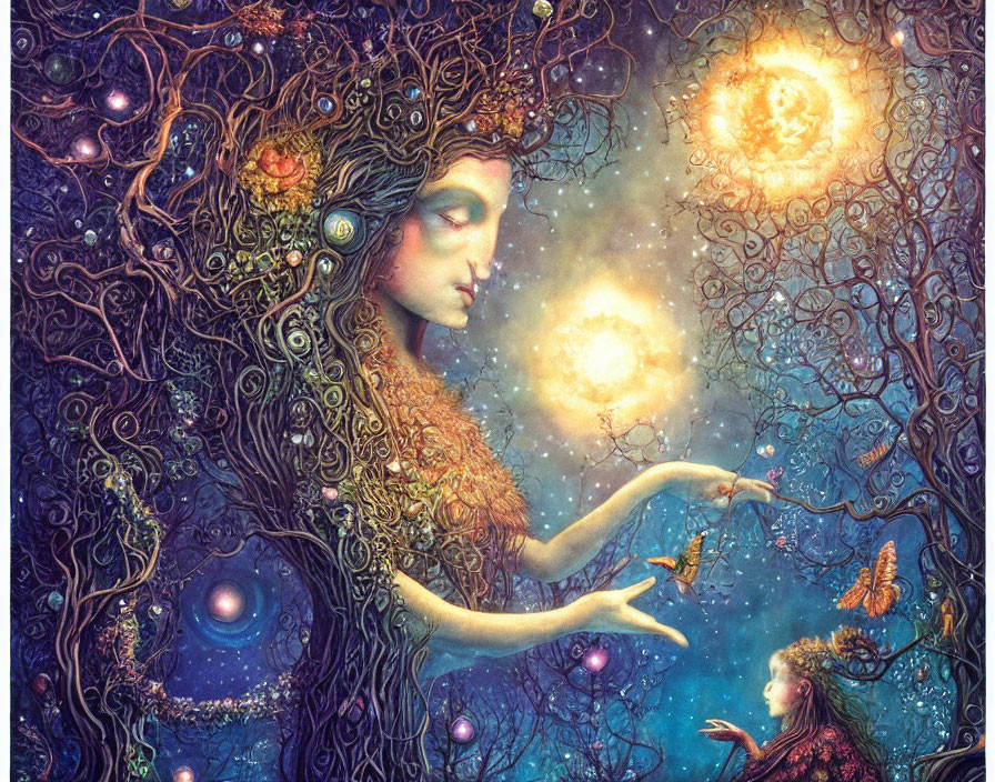 Fantastical image: Woman with tree branch hair, cosmic backdrop, light orb, and fairy.