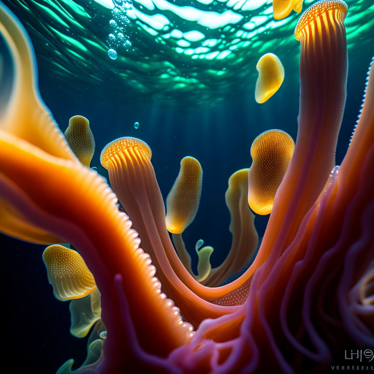 Colorful Sea Anemones in Blue Water with Light Filtering Through