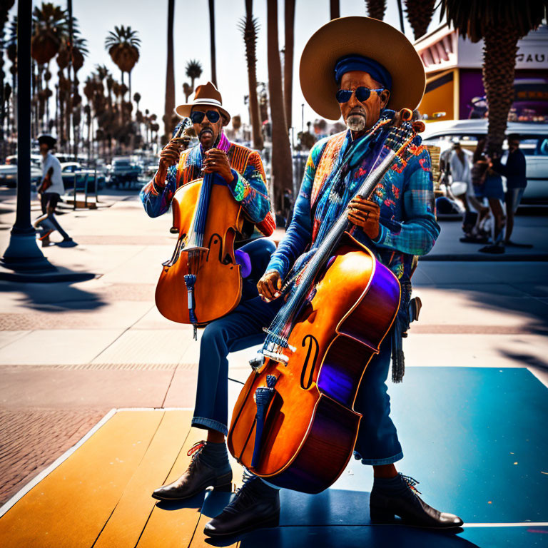 Street musicians playing cellos in colorful outfits under sunny sky