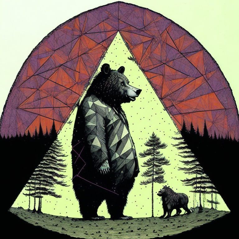 Geometric-patterned bear in triangular frame under purple sky with smaller bear and trees